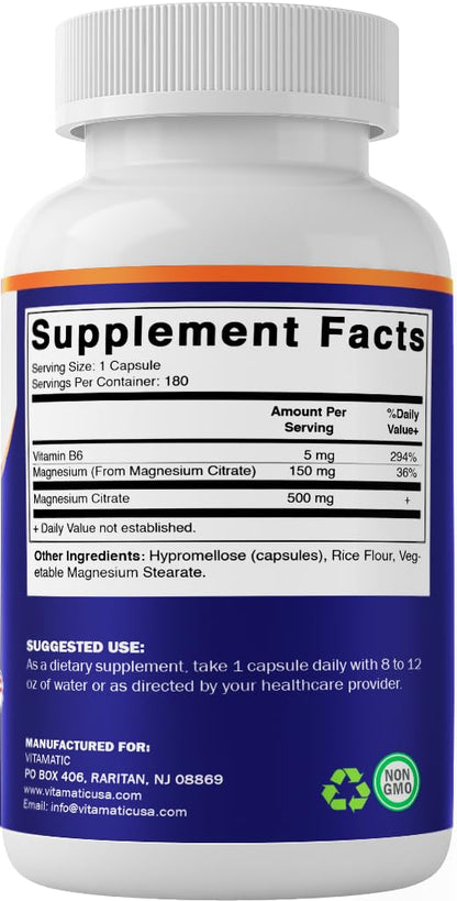 Vitamatic 2 Pack Magnesium Citrate 500 mg – 180 Vegetarian Capsules | Added B6