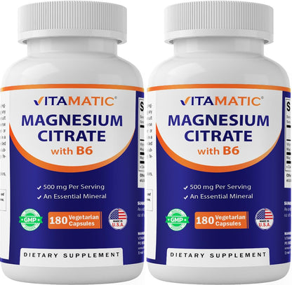 Vitamatic 2 Pack Magnesium Citrate 500 mg – 180 Vegetarian Capsules | Added B6