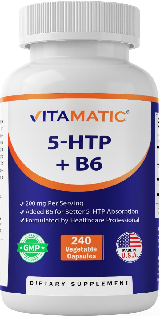 Vitamatic 5-HTP 200mg + B6 5mg - 240 Vegetarian Capsules | 5-HTP Supplement (Griffonia Simplicifolia Seed Extract)