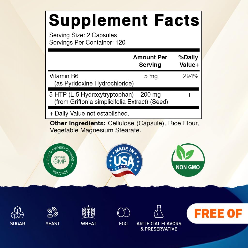 Vitamatic 5-HTP 200mg + B6 5mg - 240 Vegetarian Capsules | 5-HTP Supplement (Griffonia Simplicifolia Seed Extract)