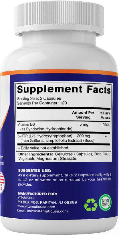 Vitamatic 5-HTP 200mg + B6 5mg - 240 Vegetarian Capsules | 5-HTP Supplement (Griffonia Simplicifolia Seed Extract)