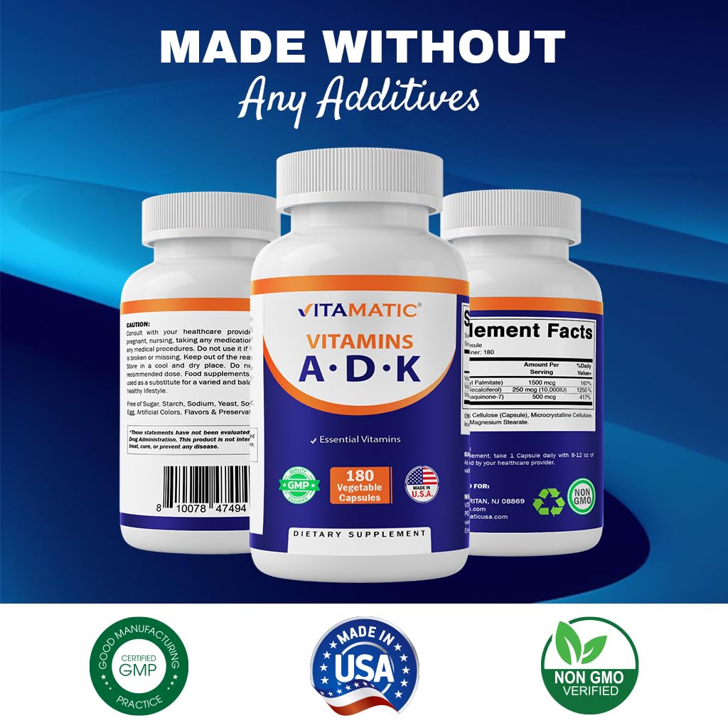 Vitamatic ADK Vitamin Supplement – High Potency A, D3, K2 for Bone Health | 180 Veg Capsules