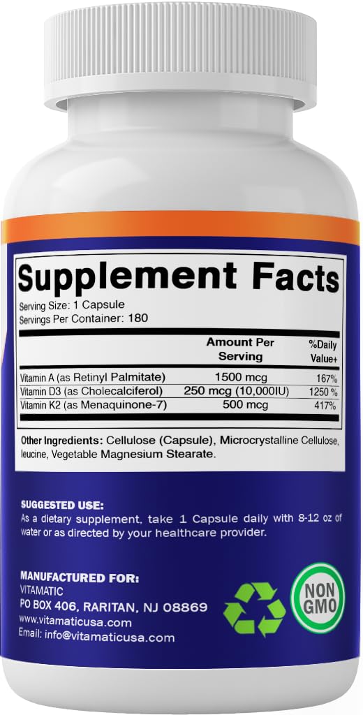 Vitamatic ADK Vitamin Supplement – High Potency A, D3, K2 for Bone Health | 180 Veg Capsules