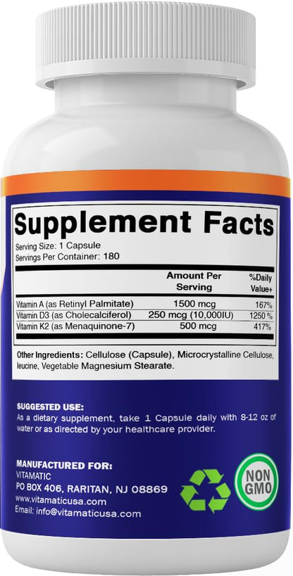 Vitamatic ADK Vitamin Supplement – High Potency A, D3, K2 for Bone Health | 180 Veg Capsules