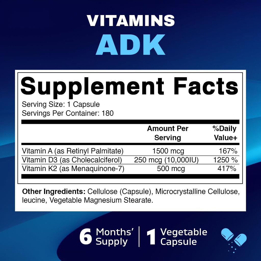 Vitamatic ADK Vitamin Supplement – High Potency A, D3, K2 for Bone Health | 180 Veg Capsules