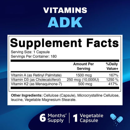 Vitamatic ADK Vitamin Supplement – High Potency A, D3, K2 for Bone Health | 180 Veg Capsules
