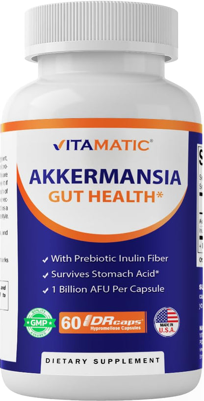 Vitamatic Akkermansia Muciniphila Gut Health - 60 DR Capsules (Delayed Release) - Prebiotic Inulin