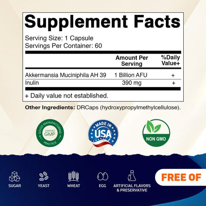 Vitamatic Akkermansia Muciniphila Gut Health - 60 DR Capsules (Delayed Release) - Prebiotic Inulin