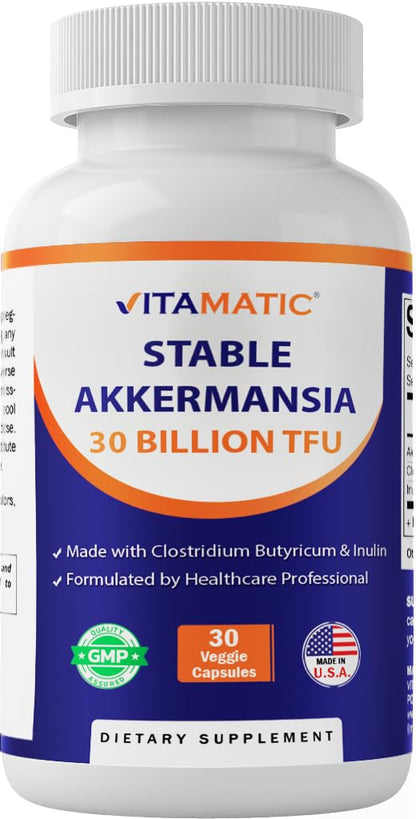 Vitamatic Akkermansia Muciniphila 30B TFU + Clostridium Butyricum + Inulin – GLP-1 Probiotic, 30 Vegan Capsules