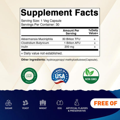 Vitamatic Akkermansia Muciniphila 30B TFU + Clostridium Butyricum + Inulin – GLP-1 Probiotic, 30 Vegan Capsules