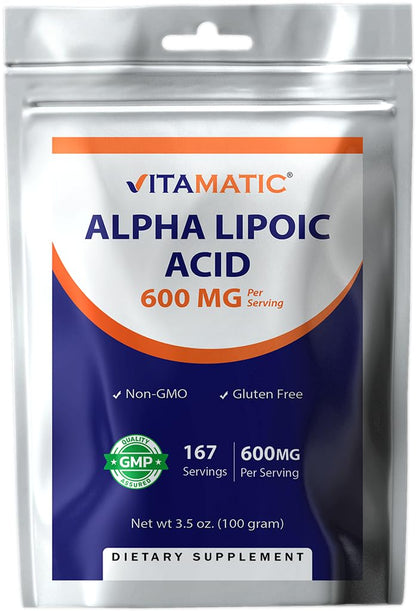 Vitamatic Pure Alpha Lipoic Acid (ALA) 600mg Per Serving - 167 Servings - Non-GMO & Gluten Free