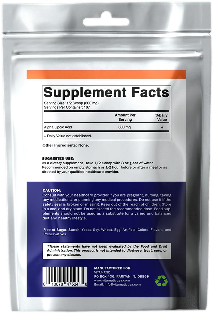 Vitamatic Pure Alpha Lipoic Acid (ALA) 600mg Per Serving - 167 Servings - Non-GMO & Gluten Free