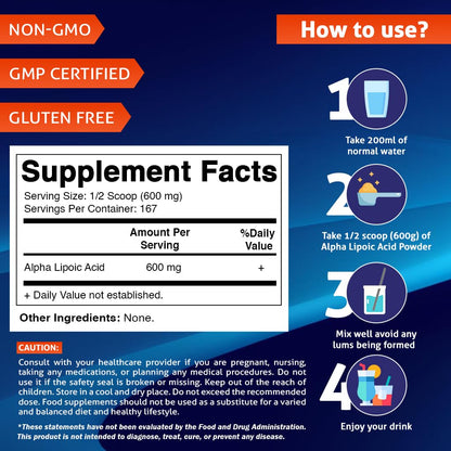 Vitamatic Pure Alpha Lipoic Acid (ALA) 600mg Per Serving - 167 Servings - Non-GMO & Gluten Free