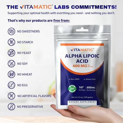 Vitamatic Pure Alpha Lipoic Acid (ALA) 600mg Per Serving - 167 Servings - Non-GMO & Gluten Free