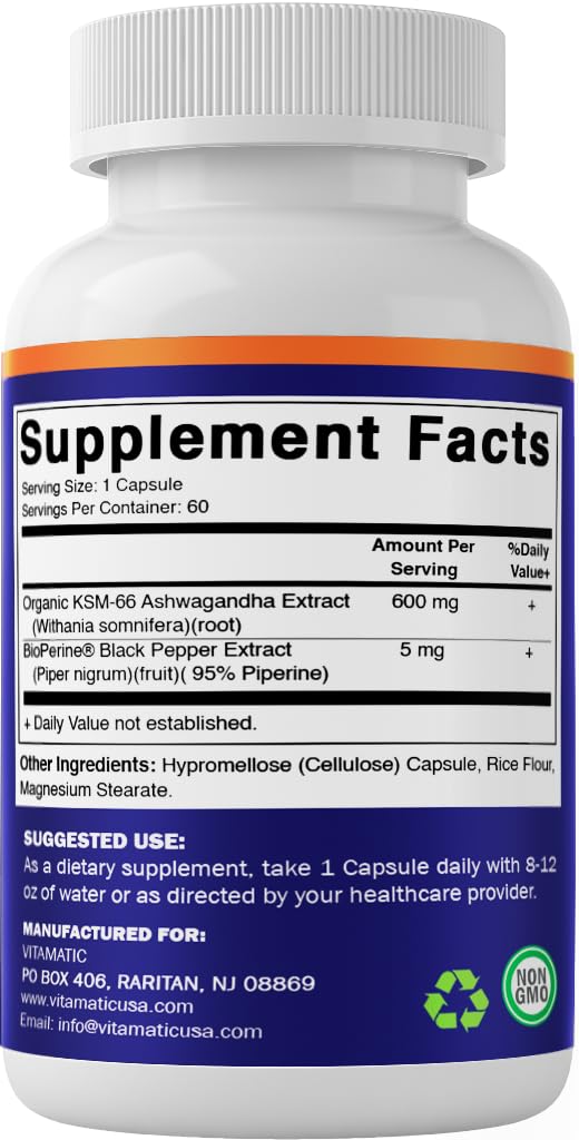 Vitamatic KSM-66 Ashwagandha 600mg + BioPerine – 60 Veggie Caps (1200 mg/2 caps)