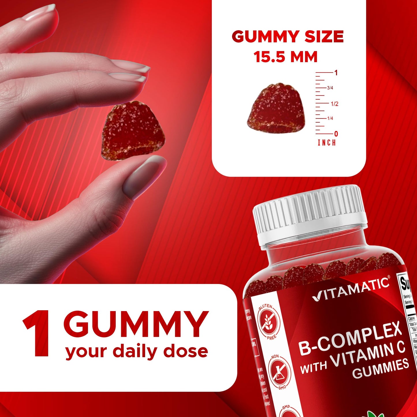 Vitamatic Vitamin B Complex Gummies with Vitamin C & Inositol – Strawberry Flavor, 60 Gummies (2 Bottles)