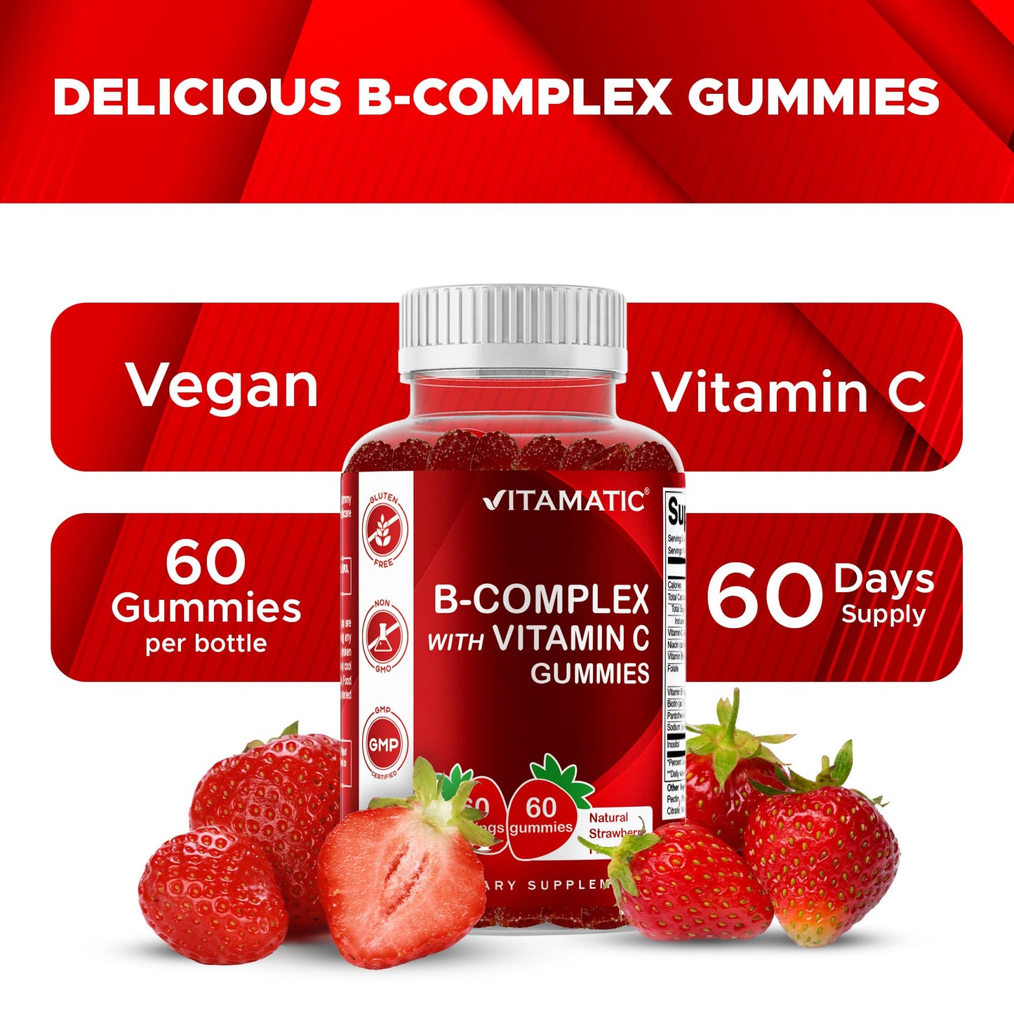 Vitamatic Vitamin B Complex Gummies with Vitamin C & Inositol – Strawberry Flavor, 60 Gummies (2 Bottles)