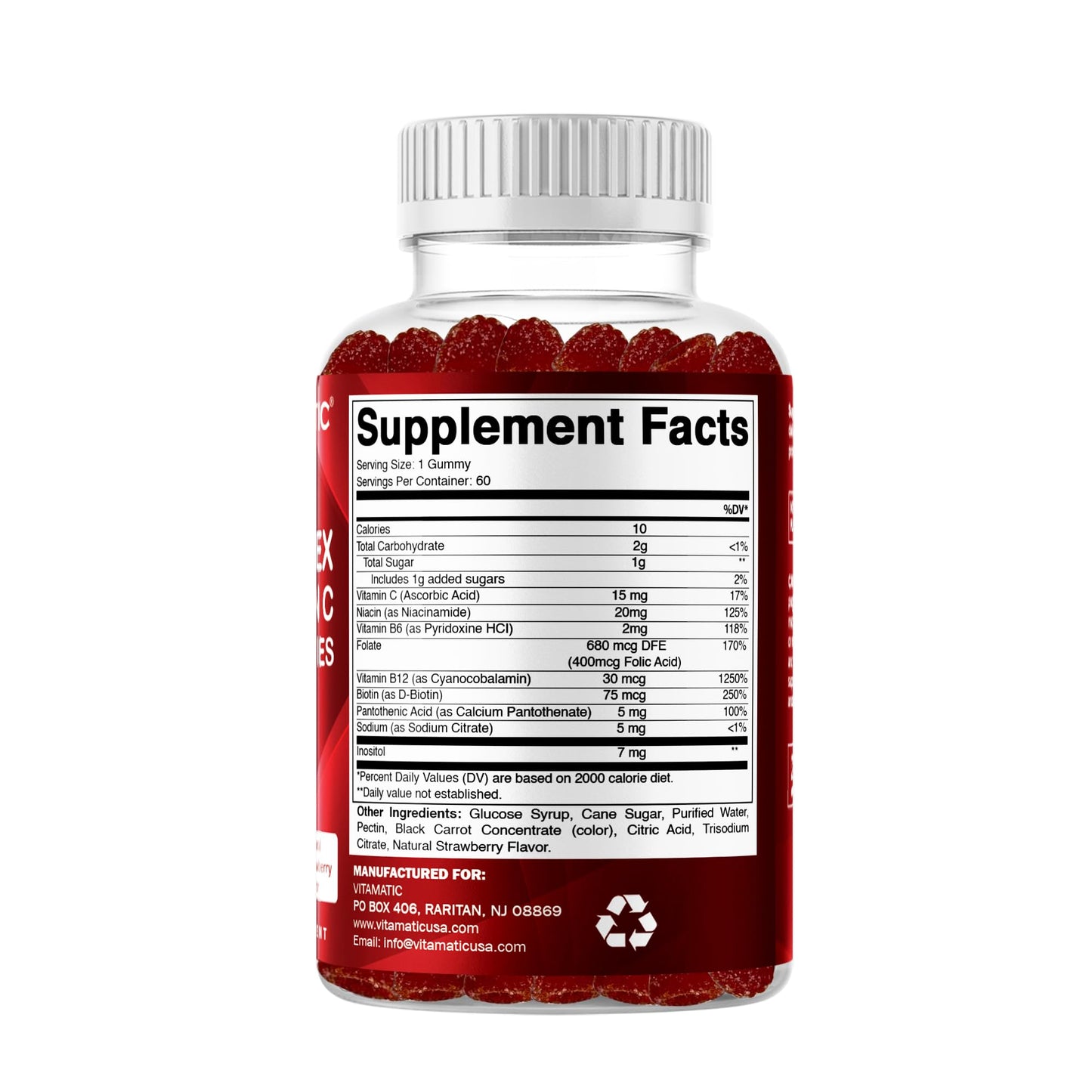 Vitamatic Vitamin B Complex Gummies with Vitamin C & Inositol – Natural Strawberry Flavor – 60 Gummies