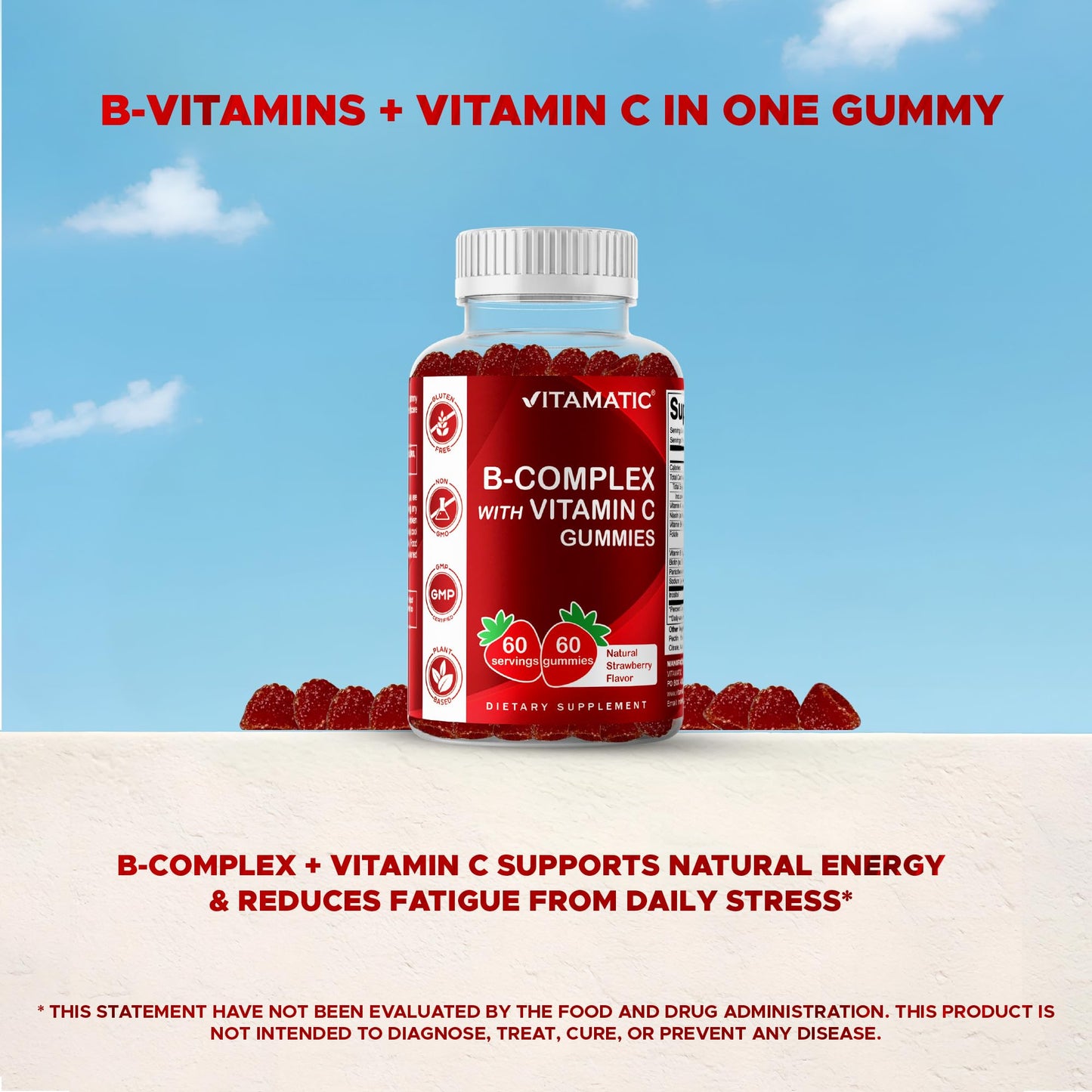 Vitamatic Vitamin B Complex Gummies with Vitamin C & Inositol – Strawberry Flavor, 60 Gummies (2 Bottles)