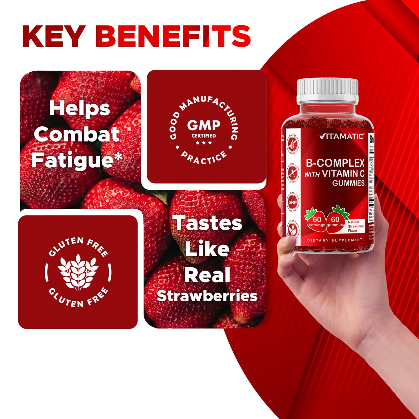 Vitamatic Vitamin B Complex Gummies with Vitamin C & Inositol – Natural Strawberry Flavor – 60 Gummies