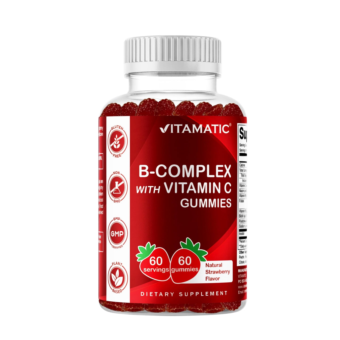 Vitamatic Vitamin B Complex Gummies with Vitamin C & Inositol – Natural Strawberry Flavor – 60 Gummies