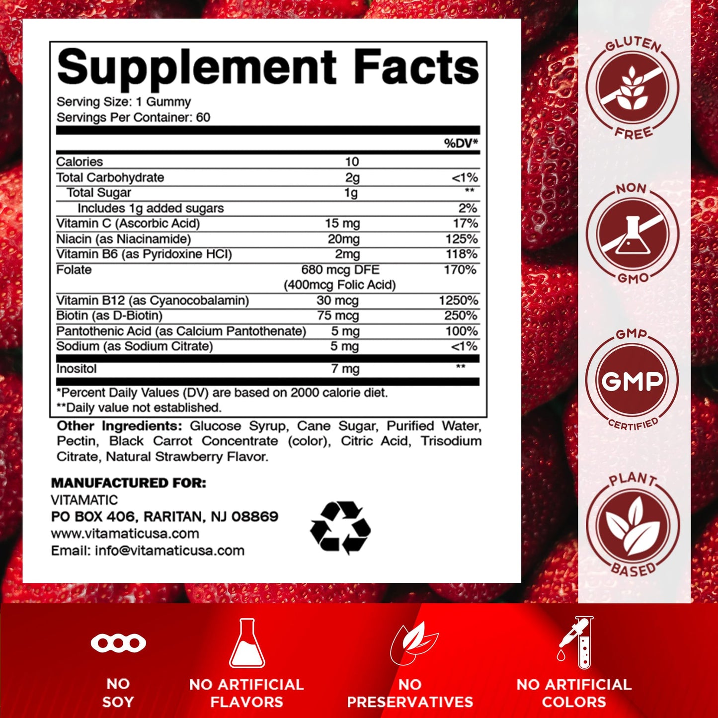 Vitamatic Vitamin B Complex Gummies with Vitamin C & Inositol – Natural Strawberry Flavor – 60 Gummies