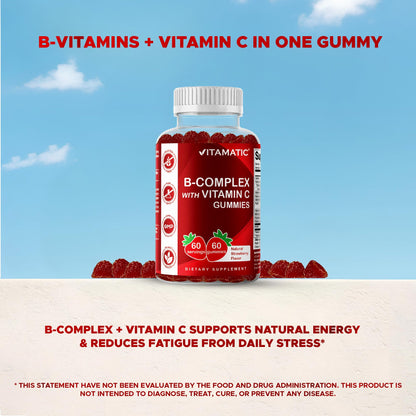Vitamatic Vitamin B Complex Gummies with Vitamin C & Inositol – Natural Strawberry Flavor – 60 Gummies