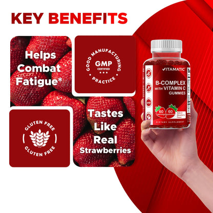 Vitamatic Vitamin B Complex Gummies with Vitamin C & Inositol – Strawberry Flavor, 60 Gummies (2 Bottles)