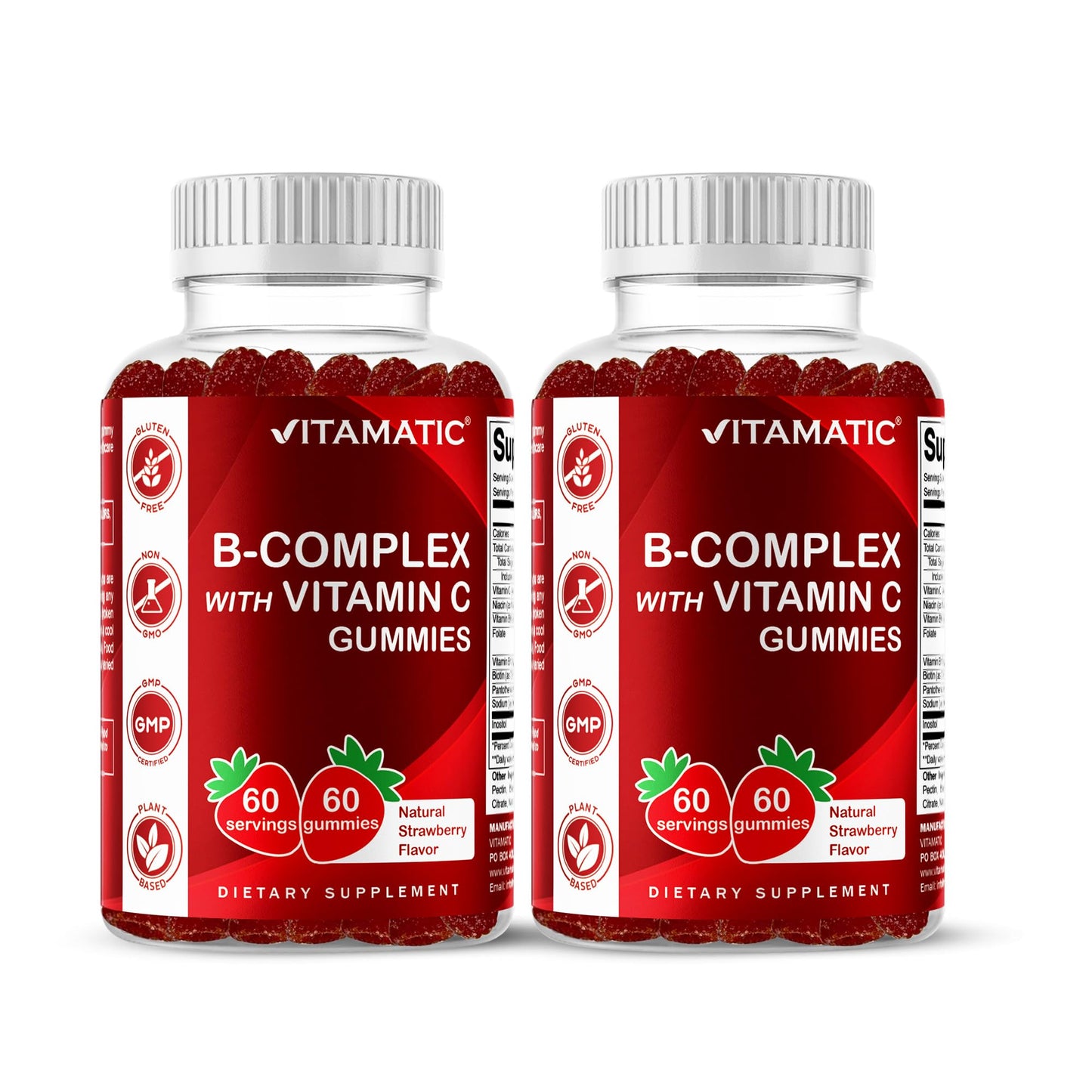 Vitamatic Vitamin B Complex Gummies with Vitamin C & Inositol – Strawberry Flavor, 60 Gummies (2 Bottles)