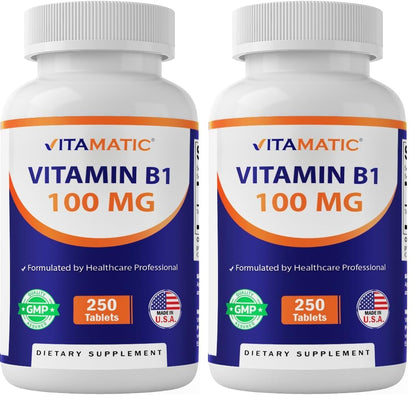 Vitamatic Vitamin B1 100mg – 250 Vegetarian Tablets | Energy, Nerve & Heart Health (Pack of 2)
