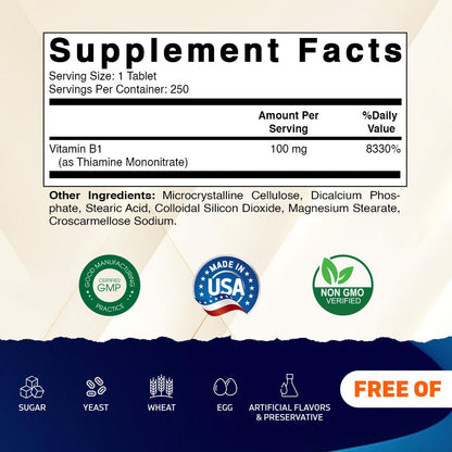 Vitamatic Vitamin B1 100mg – 250 Vegetarian Tablets | Energy, Nerve & Heart Health (Pack of 2)