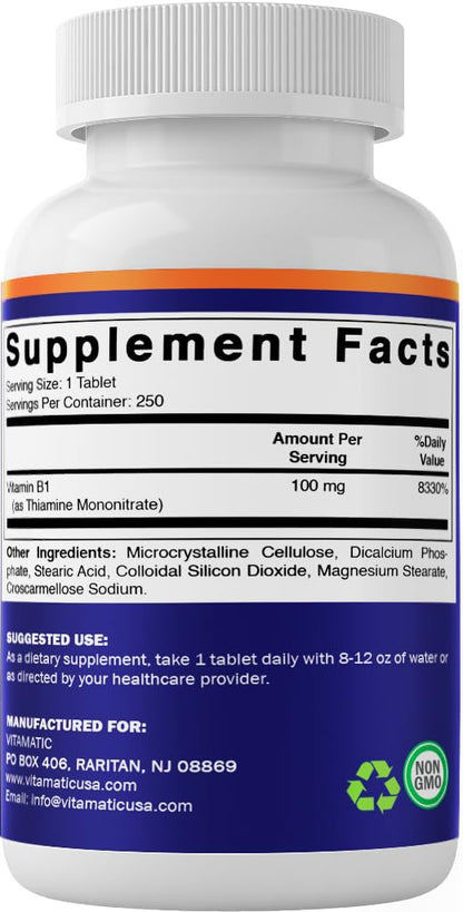 Vitamatic Vitamin B1 100mg – 250 Vegetarian Tablets | Energy, Nerve & Heart Health (Pack of 2)