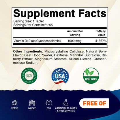 Vitamatic Vitamin B12 1000 mcg Fast Dissolve – Berry Flavor – 365 Tablets
