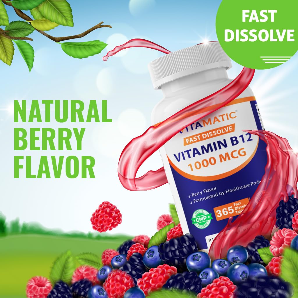 Vitamatic Vitamin B12 1000 mcg Fast Dissolve – Berry Flavor – 365 Tablets