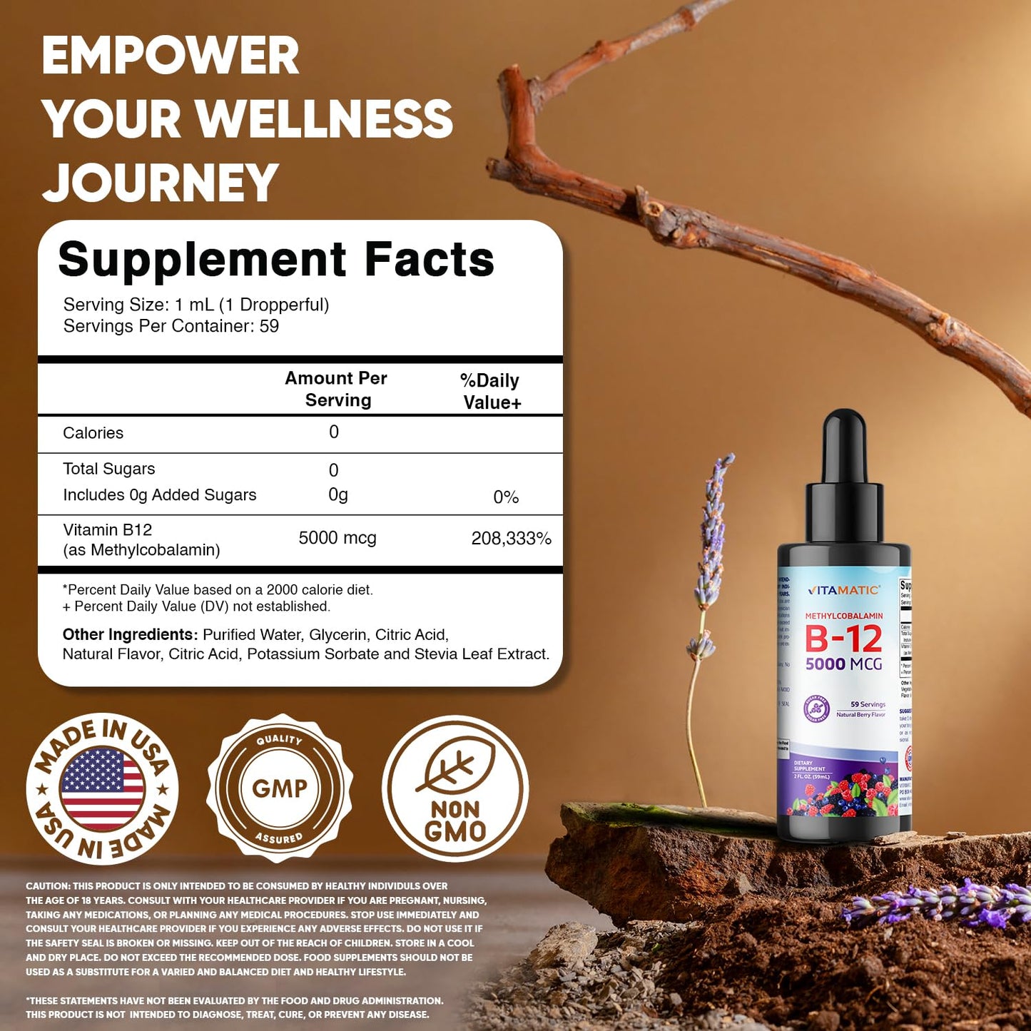 Vitamatic Liquid Vitamin B12 5000 mcg – Berry Flavor – Sublingual 2 fl oz