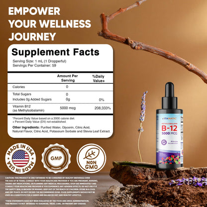 Vitamatic Liquid Vitamin B12 5000 mcg – Berry Flavor – Sublingual 2 fl oz