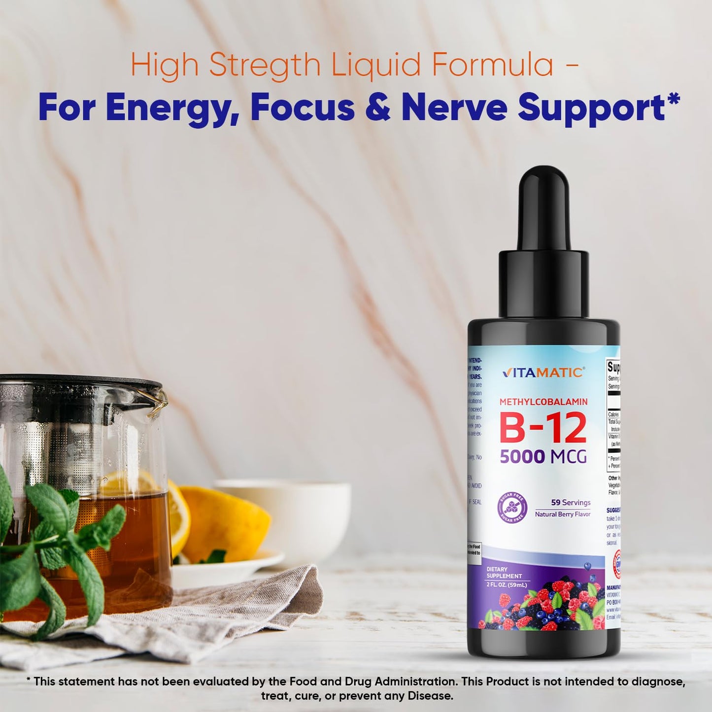 Vitamatic Liquid Vitamin B12 5000 mcg – Berry Flavor – Sublingual 2 fl oz