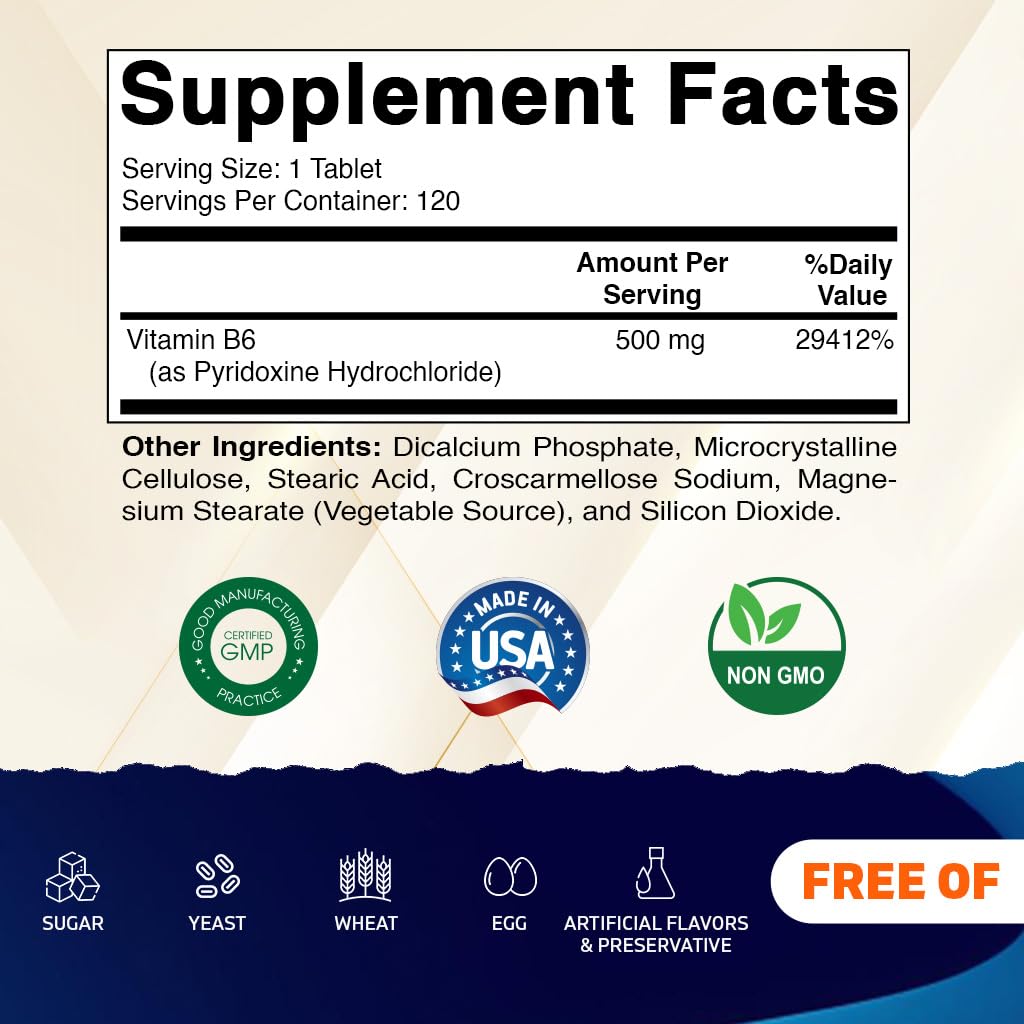 Vitamatic Vitamin B6 500 mg – 120 Vegetarian Tablets | 2-Pack – Energy, Metabolism & Immune Support
