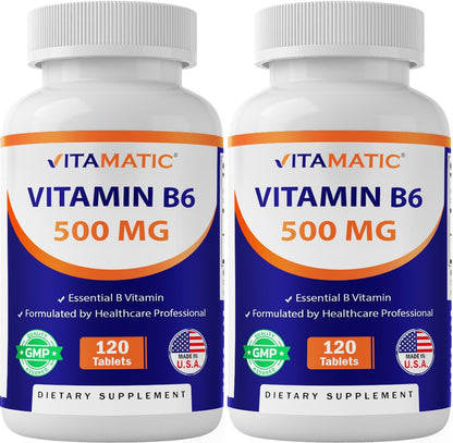 Vitamatic Vitamin B6 500 mg – 120 Vegetarian Tablets | 2-Pack – Energy, Metabolism & Immune Support