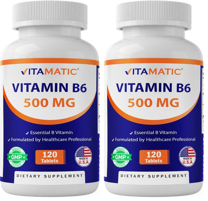 Vitamatic Vitamin B6 (Pyridoxine HCI) 500 mg – 120 Vegetarian Tablets, Pack of 2 | Energy, Metabolism & Immune Support