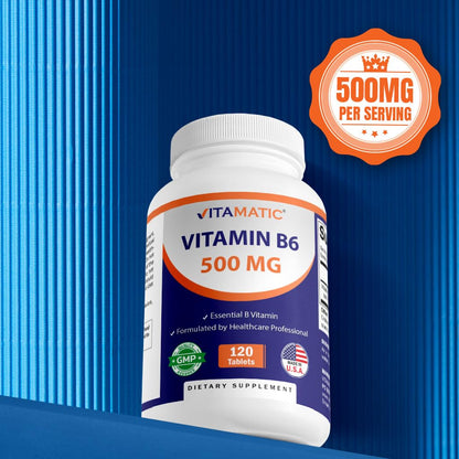 Vitamatic Vitamin B6 (Pyridoxine HCI) 500 mg – 120 Vegetarian Tablets, Pack of 2 | Energy, Metabolism & Immune Support