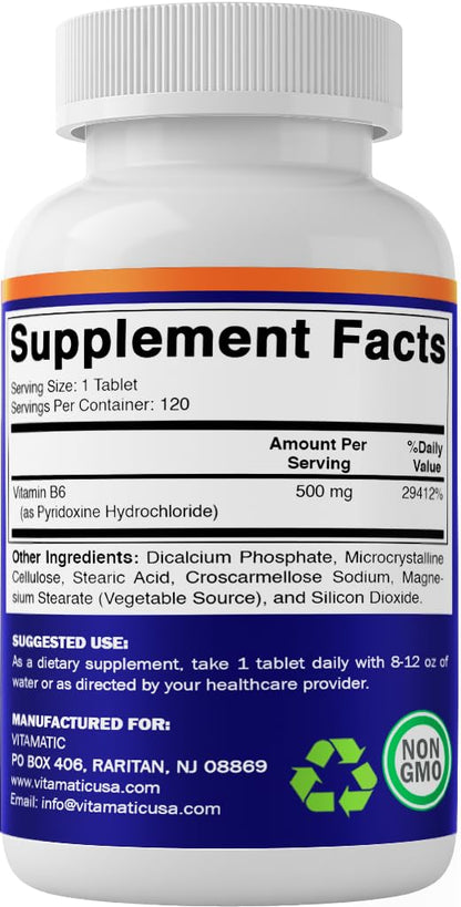 Vitamatic Vitamin B6 500 mg – 120 Vegetarian Tablets | 2-Pack – Energy, Metabolism & Immune Support
