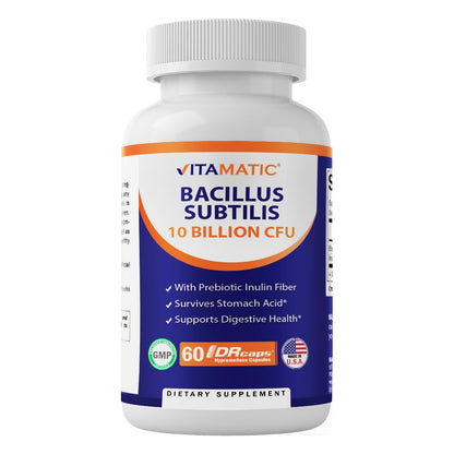 Vitamatic Bacillus Subtilis 10B DR Capsule – 60 Count | Digestive & Immune Health + Prebiotic Inulin