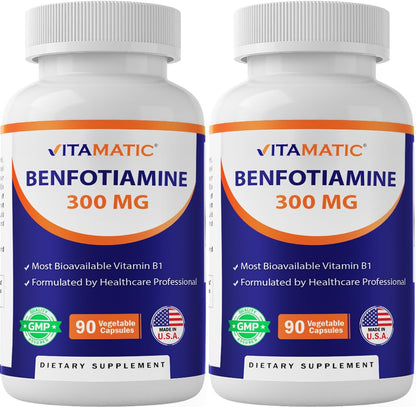 Vitamatic Benfotiamine 300 mg – Fat-Soluble Vitamin B1 – 180 Vegetarian Capsules (2 Bottles)