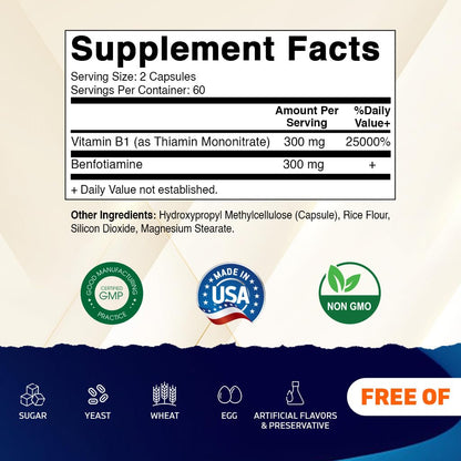 Vitamatic Benfotiamine 300mg + Vitamin B1 300mg – 120 Vegetarian Capsules – Made in USA – Gluten Free – Non-GMO