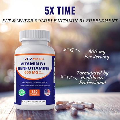 Vitamatic Benfotiamine 300mg + Vitamin B1 300mg – 120 Vegetarian Capsules – Made in USA – Gluten Free – Non-GMO