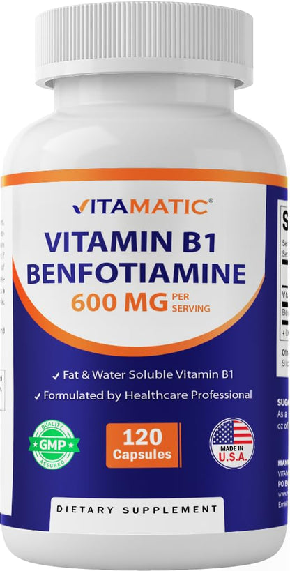 Vitamatic Benfotiamine 300mg + Vitamin B1 300mg – 120 Vegetarian Capsules – Made in USA – Gluten Free – Non-GMO