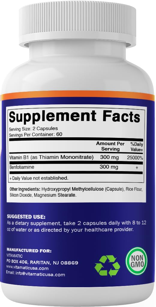 Vitamatic Benfotiamine 300mg + Vitamin B1 300mg – 120 Vegetarian Capsules – Made in USA – Gluten Free – Non-GMO