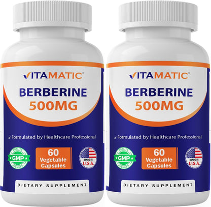 Vitamatic Berberine 500mg – 60 Veg Capsules – Made in USA, Gluten Free, Non-GMO (2 Bottles)