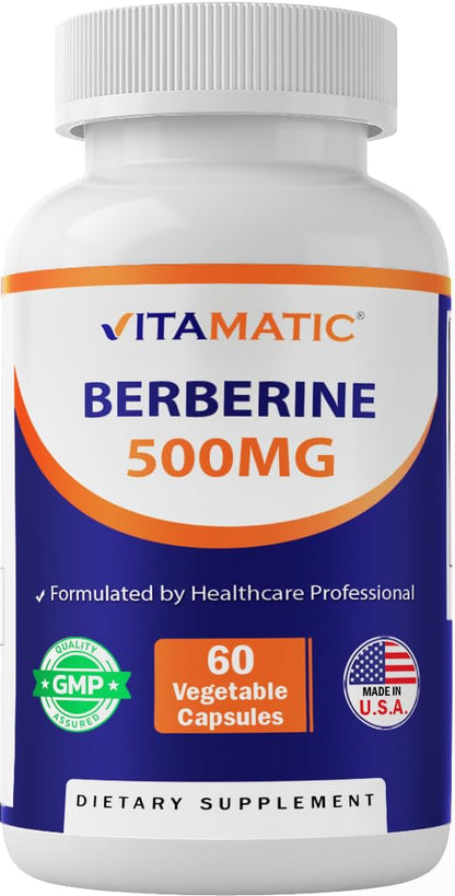 Vitamatic Berberine 500mg Supplement - 60 Vegetable Capsules - Made in USA - Gluten Free - Non-GMO